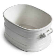 A Victorian oval-shaped foot bath with roll-top rim, raised banding, and up-scrolled handles. It has a good plinth shaped base, has a lovely weight and is in great condition.