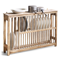 A Georgian country house scrubbed-pine plate draining rack with good historical wear and patina, which can either be surface stood or wall-mounted. It holds up to 31 plates, and has 3 extra long slots for large platters, bread boards and baking trays.