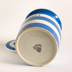 The underside of a T G Green Cornish Kitchenware Pearl Barley storage jar with lid dating to the 1930s - 1950s. The "Pearl Barley" typography is strong, and the jar is of a particularly large size. It bears the black shield stamp to its base and is marked "T G Green &amp; Co Ltd / Cornish Kitchen Ware / Made in England".