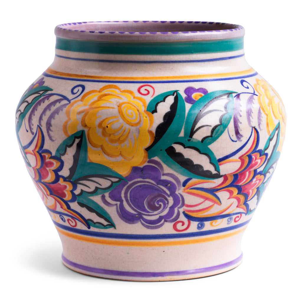 A large 1930s Art Deco geometric floral vase by Carter, Stabler & Adams, Poole Pottery in the HQ pattern, vase shape 627. Hand painted by Poole paintress Anne Hatchard, the geometric flowers and leaves are rich in colour and beautifully executed. 