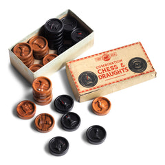 A complete boxed set of vintage brown and black Bakelite combination chess and draughts, the cardboard box marked "St George Series, Made In England". Each counter is moulded in relief with a chess piece, and the reverse side pattern is of circular bands, as for draughts - as depicted on the box lid. 
