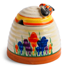 A wonderful Clarice Cliff Autumn Crocus beehive honey pot with good, bright and bold paintwork. The underside is stamped "Crocus Hand painted Bizarre by Clarice Cliff Newport Pottery England",and it's a good early one, dating to 1930 / 1931 and in beautiful condition.