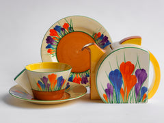 Original vintage Clarice Cliff Autumn Crocus Stamford tea for two set with good bold paintwork. The underside is stamped "Crocus Hand painted Bizarre by Clarice Cliff Newport Pottery England", dating to 1930 / 1931. 