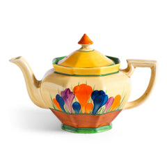 A good early original Clarice Cliff Autumn Crocus Athens teapot with vivid paintwork and boldly executed crocuses. The underside is stamped "Hand painted Bizarre by Clarice Cliff, Newport Pottery England", and dates it to 1928/29.