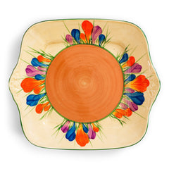 Clarice Cliff early Autumn Crocus Athens cake and sandwich platter with vivid paintwork and boldly executed crocuses, and with early hand painted green "Crocus" stamp on the underside along with "Hand painted Bizarre by Clarice Cliff, Newport Pottery England". 
