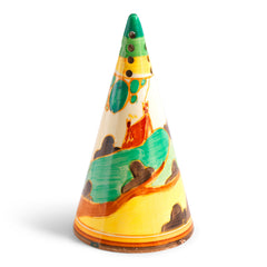 A beautifully decorated original Clarice Cliff Secrets pattern conical sugar shaker with excellent pattern coverage. It has good, bright paintwork and is free from any scratches, hairlines or restoration. The underside is stamped "Fantasque Hand Painted Bizarre by Clarice Cliff Newport Pottery England".
