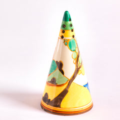 A beautifully decorated original Clarice Cliff Secrets pattern conical sugar shaker with excellent pattern coverage. It has good, bright paintwork and is free from any scratches, hairlines or restoration. The underside is stamped "Fantasque Hand Painted Bizarre by Clarice Cliff Newport Pottery England".