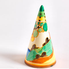 A beautifully decorated original Clarice Cliff Secrets pattern conical sugar shaker with excellent pattern coverage. It has good, bright paintwork and is free from any scratches, hairlines or restoration. The underside is stamped "Fantasque Hand Painted Bizarre by Clarice Cliff Newport Pottery England".