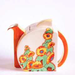 A 1930s original Clarice Cliff Stamford teapot in Sunshine pattern, painted with yellow hollyhocks, and with Bizarre and Sunshine stamped to its underside, and in immaculate condition.