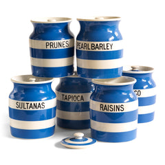 A collection of T G Green Cornish Kitchenware storage jars all with lids and dating to the 1930s - 1950s. The typography is strong, and the jars are of a particularly large size. Each bears the shield stamp to its base and is marked "T G Green &amp; Co Ltd / Cornish Kitchen Ware / Made in England".