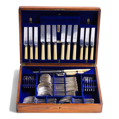 An extensive 1920s silver plated 54 piece canteen of cutlery by E J Fairbairns Ltd, Sheffield, and in its original blue felt-lined box. The set is housed in an oak veneered box with hinged lid, and is for 6 people.
