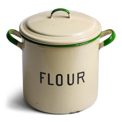 A good-sized vintage cream enamel flour bin with green enamel trim, and with original lid and striking "Flour" typeface.
