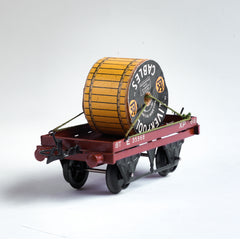 A 1940s Hornby Trains 0-gauge series low sided wagon with cable drum, with striking typography "LEC Liverpool Cables" decorating both sides of the cable drum. It comes with its original box, and is in great condition.