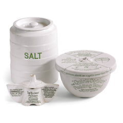 A collection three 1920s ironstone kitchenware ceramics by Grimwades Ltd: a salt jar, a Quick Cooker pudding bowl, and a Bleriot pie divider.