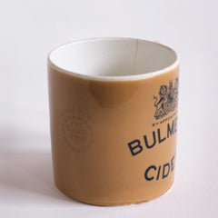 An antique Mochaware Bulmer's half pint cider pub mug, with the royal crest of a unicorn and lion, and "Bulmer's cider by appointment" to the crown, represented on both sides of the mug.