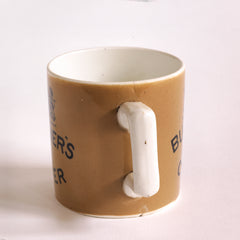 An antique Mochaware Bulmer's half pint cider pub mug, with the royal crest of a unicorn and lion, and "Bulmer's cider by appointment" to the crown, represented on both sides of the mug.