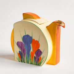 Part of a stunning Clarice Cliff Autumn Crocus Stamford tea for two set with good, bright and bold paintwork. The underside is stamped "Crocus Hand painted Bizarre by Clarice Cliff Newport Pottery England",and it's a good early one, dating to 1930 / 1931. 