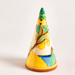A beautifully decorated original Clarice Cliff Secrets pattern conical sugar shaker with excellent pattern coverage. It has good, bright paintwork and is free from any scratches, hairlines or restoration. The underside is stamped "Fantasque Hand Painted Bizarre by Clarice Cliff Newport Pottery England".