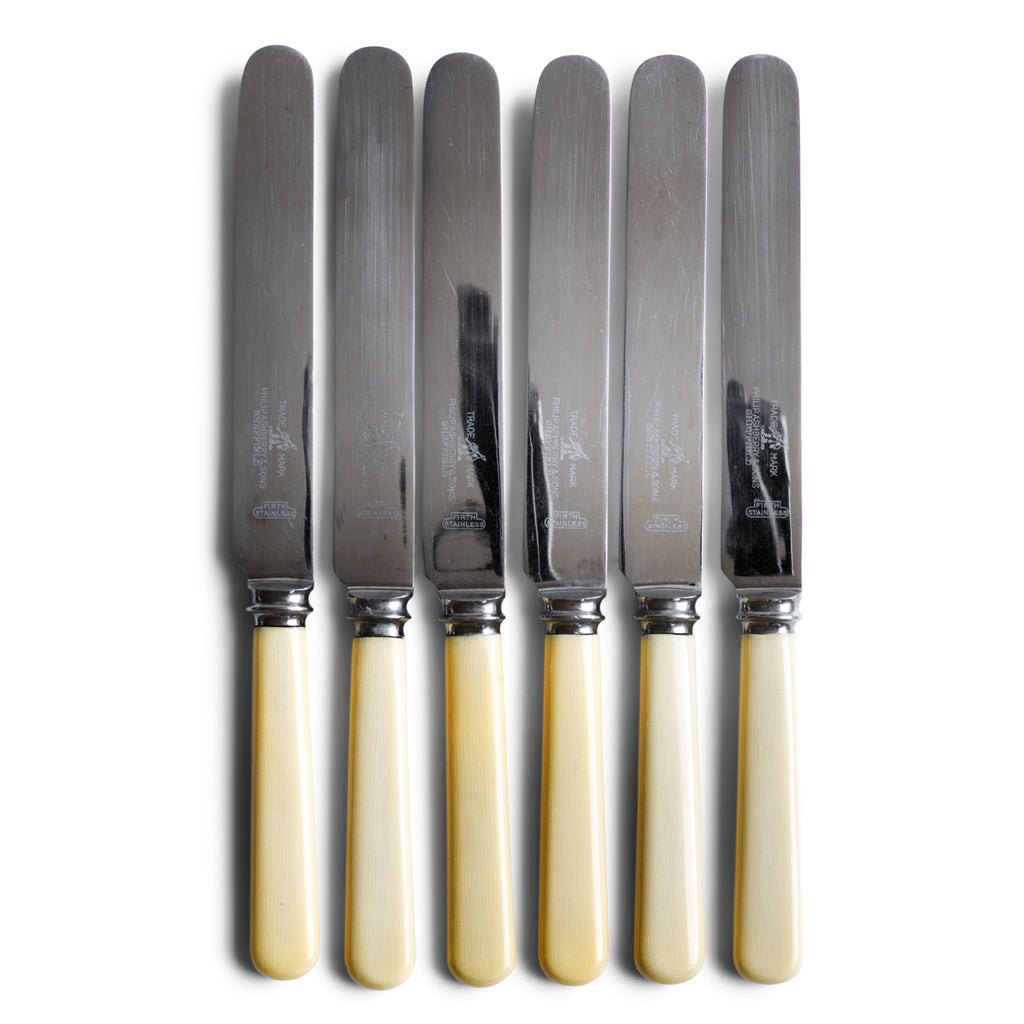 A good set of 6 large vintage dinner knives, each blade marked "Philip Ashberry & Sons Sheffield".