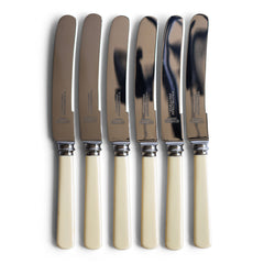 A set of 6 vintage bone handle butter knives, each blade marked "Rowbotham Sheffield ", and they are so pristine it would appear they have never been used.