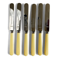 A set of 6 vintage bone handle cake or tea knives, each blade marked "F. Raynes & Sons".