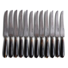 A wonderful set of 12 vintage French dinner knives with polished horn handles, carbon steel blades, and silver mounts. Each blade is marked "Duoroux Chabrol".