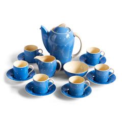 A complete 1930s Art Deco Susie Cooper Blue Crescent Kestrel coffee set decorated with small scarffito crescents. 
