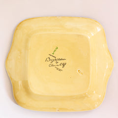 Clarice Cliff early Autumn Crocus Athens cake and sandwich platter with vivid paintwork and boldly executed crocuses, and with early hand painted green "Crocus" stamp on the underside along with "Hand painted Bizarre by Clarice Cliff, Newport Pottery England". 