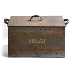 A rare Victorian steel bread bin with its original paint and in great condition - and of particularly large size. The rectangular bin has two bands of perforated air holes to its base and also on its lid, a handle on the lid and twin handles either side. &nbsp;It is painted with its original marquetry cross-banding and has its original "BREAD" typography.