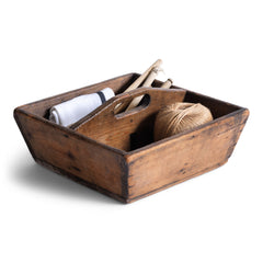A good early Victorian polished-pine housekeeper's tidy with integrated handle, Shaker style proportions, and a lovely time-worn rustic patina.