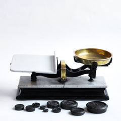A super-large and very handsome set of Victorian butcher's scales with a marble top; cast iron mechanism; ironstone meat slab; brass weighing/weights bowl; and brass central handle - and it is complete with its full set of weights. These are moulded with "Crane Foundry Co Wolverhampton", and consist of: 4lb, 2Ib, 1Ib (x2), 8oz (x2),1/4Ib, 4oz, 2oz, and 1oz.