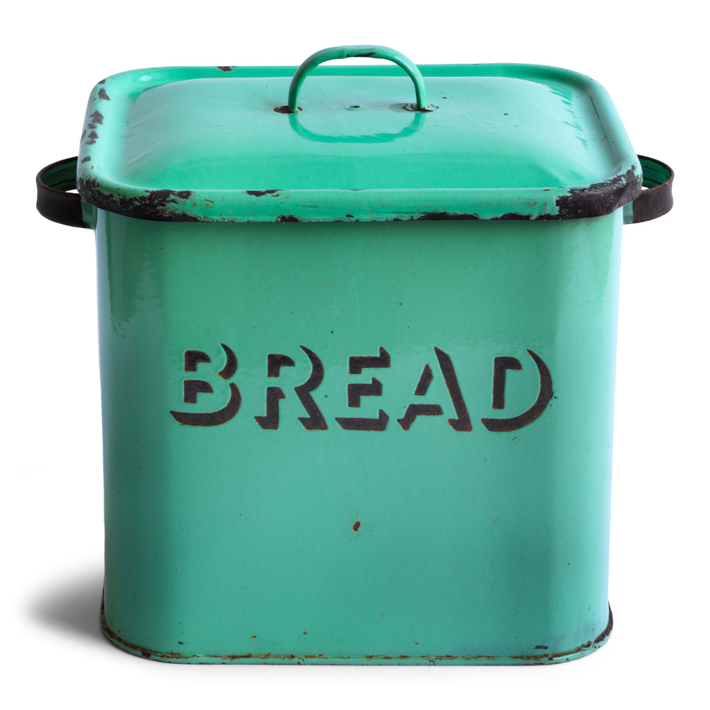 A 1930s rectangular green enamel bread bin with "BREAD" in 3-D black enamel, rounded corners and original lid.