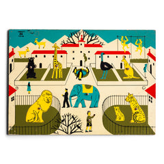 An absolutely charming early 1960s zoo puzzle made of painted wood, with cut-out animals, zoo keepers and visitors; some of which have a wee knob to lift them out by. 
