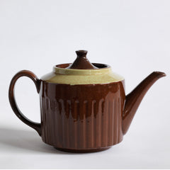 A 6 cup original Brown Betty teapot with pistachio coloured banding and reeded sides.