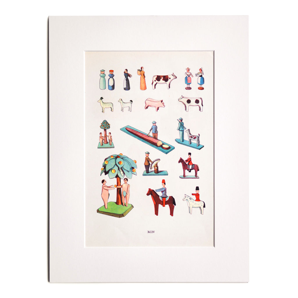 A beautifully illustrated study of Eastern European toy people performing domestic chores; soldiers on horses; farm animals; and Adam and Eve and their apple tree complete with snake - all from the highly collectable Czechoslovak book “Folk Toys / Les Jouets Populaires”. 