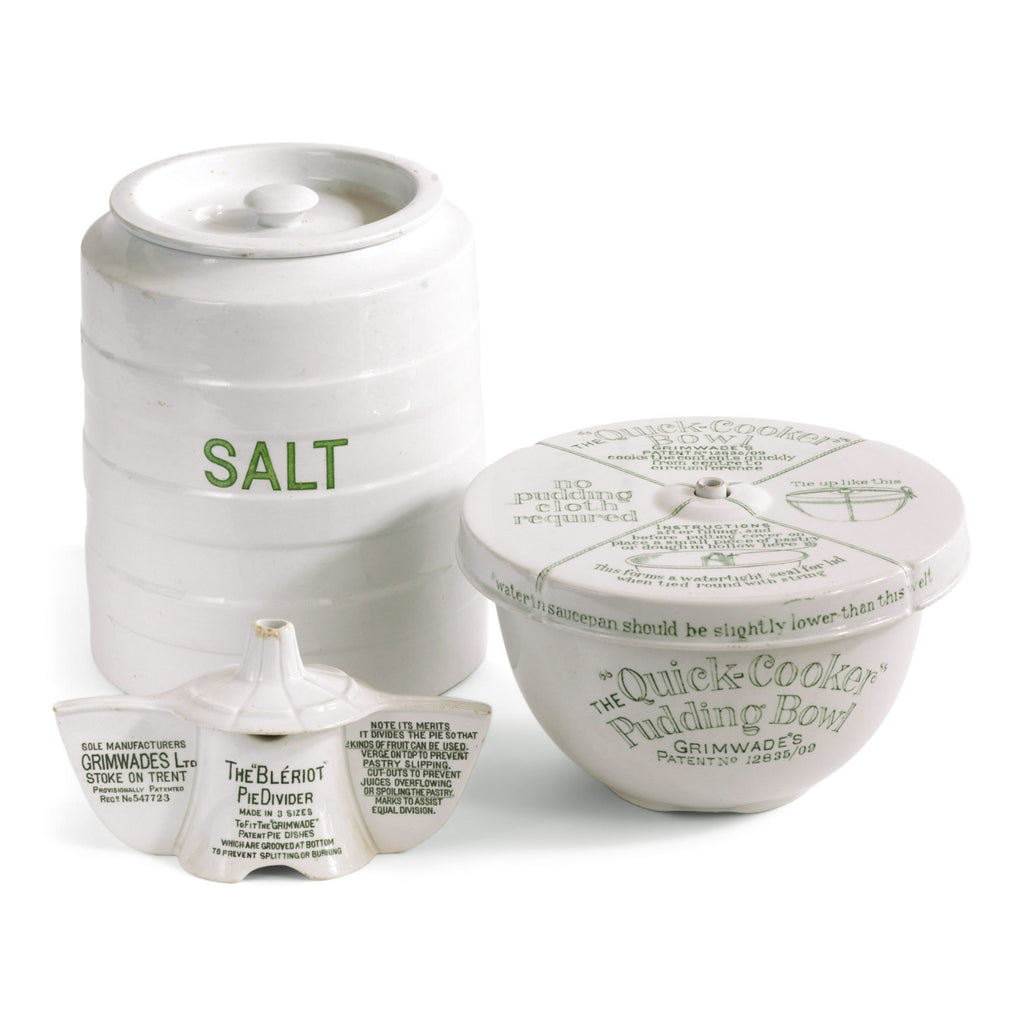 A collection three 1920s ironstone kitchenware ceramics by Grimwades Ltd: a salt jar, a Quick Cooker pudding bowl, and a Bleriot pie divider.