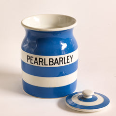 A good T G Green Cornish Kitchenware Pearl Barley storage jar with lid dating to the 1930s - 1950s. The "Pearl Barley" typography is strong, and the jar is of a particularly large size. It bears the black shield stamp to its base and is marked "T G Green &amp; Co Ltd / Cornish Kitchen Ware / Made in England".