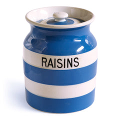 A good T G Green Cornish Kitchenware Raisins storage jar with lid dating to 1930 - 1950. The "Raisins" typography is strong, and the jar is of a particularly large size. It bears the black shield stamp to its base and is marked "T G Green &amp; Co Ltd / Cornish Kitchen Ware / Made in England".