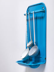 A vintage blue enamel kitchen utensil wall-mounted rack and drainer, ideal for the hanging of ladles, scoops and spoons, and manufactured by Kockums of Sweden.