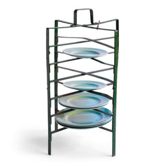 A free-standing vintage plate rack that holds either stacks or single plates on each of its six levels with handy carrying handle, and it also folds away when not in use. It could be used to either store or display plates.