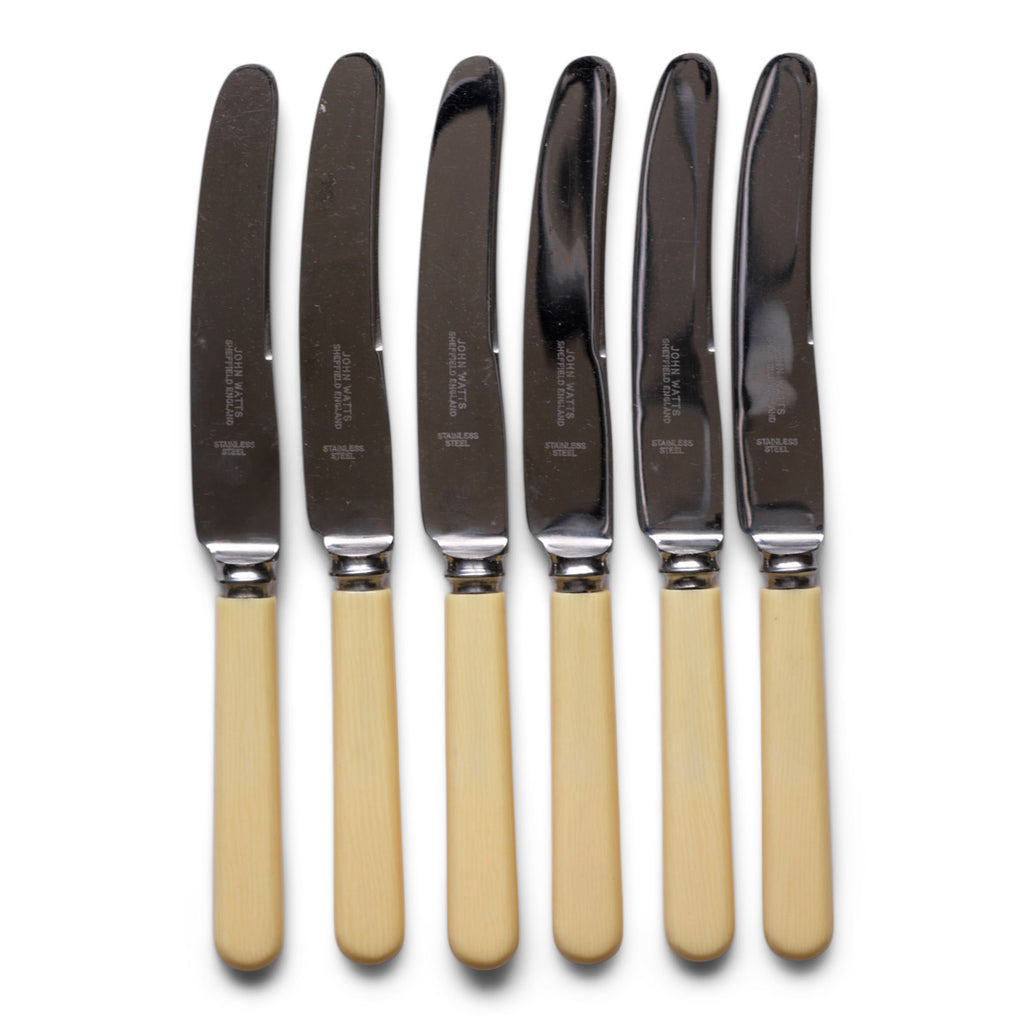 A set of 6 vintage bone handle sandwich, cake or tea knives, each blade marked "John Watts Sheffield".