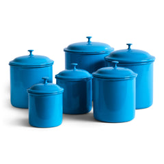 A set of vintage blue enamel storage jars or tins with particularly elegant lids made by Kockums, in Sweden. 