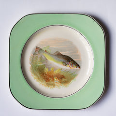 A fish pattern plate, and part of a glorious 1930s fish dinner service, complete with a large platter for serving a whole fish.  Each piece is embellished with a fresh water fish, such as pike, perch and trout, and contained within a mint-green border. Each item is stamped "Woods Ivory Ware England" to its underside.