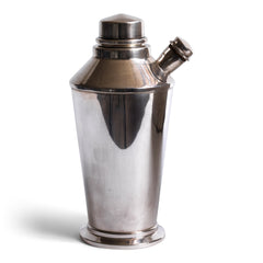 A striking 1930s silver plated Art Deco cocktail shaker with flared stepped foot, side pouring spout, and silver capped cork stopper. The base is stamped "Registered plate EPNS Made in England", and it has its original silver plate finish. 