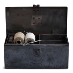 A wonderful 1940s heavy-duty metal work box in stripped steel; fitted with two internal square-shaped steel trays, carrying handle and a hasp for a padlock. Its uses are numerous, and extend from tool storage to artists paints and brushes, to the housing of household items such as scissors, measures and string. 