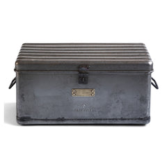 A very handsome 1940s military heavy-duty metal work box in stripped steel. The box is fitted with two internal rectangular steel trays; twin carrying handles and a hasp for a padlock. 