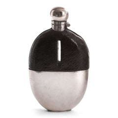 A high-quality Edwardian silver plated, glass and brown leather hip flask with a domed bayonet and hinged top by William Hutton & Sons. The base is stamped "WS & S" for William Hutton & Sons Ltd, and it was most likely retailed from their showroom in Holborn or Farringdon Road, London at the turn of the 19th century.
