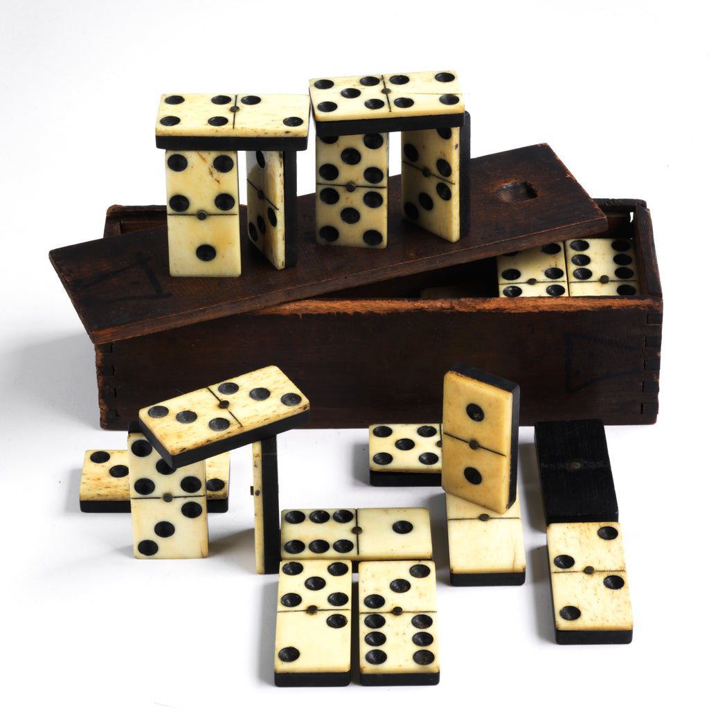 Set of 1890's 28 pc Antique Ebony & Bone Dominoes