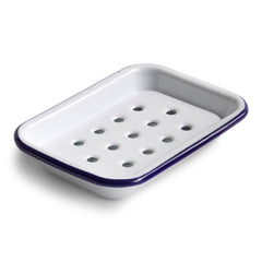 Our blue-rimmed white enamel soap dish is a must for any scullery, kitchen or water closet - and it has a removable drainage tray, which is essential for keeping the soap dry.