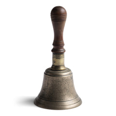 A handsome Edwardian porter's bell or tea bell with a polished turned wood handle. It could have been used at a desk, hotel or boarding house reception. Tinga-ling-a-ling "...Porter, come struggle with my hat boxes!" These days it provides the perfectly poetic way of summoning your family to the supper table.
